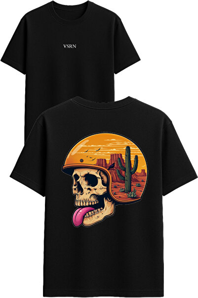 VSRN Tricou oversize negru cu imprimeu Desert Skeleton Design