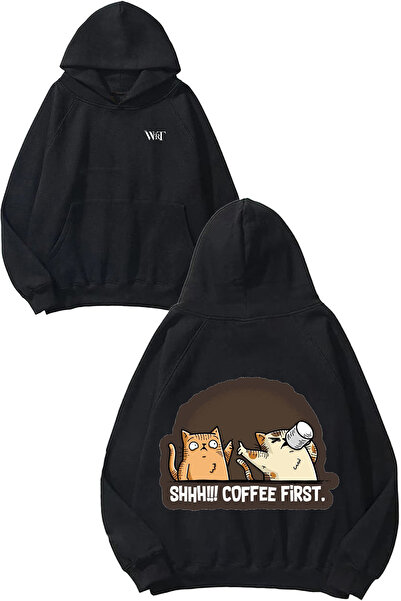 THEWERT Shhh Coffee First Design Spate cu imprimeu Negru cu glugă Swea tricou