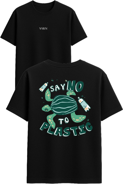 VSRN قم بقول لا للبلاستيك تي شيرت تصميم مطبوع أسود قصة فضفاضة