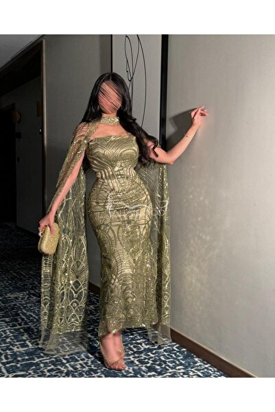 ALANOOD FASHION فستان العنود بلون زيتي قطعتين انيق للمناسبات