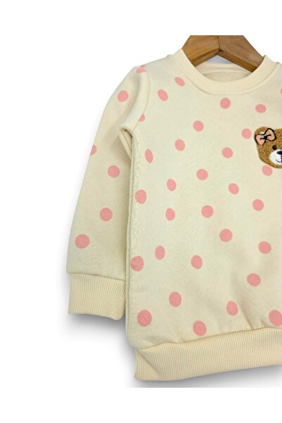 Ege Bebek Baby Girl Slim Fit Polka Dot Winter 3-Thread Set Fleece-Lined Cute Teddy Bear Embroidered Top and Bottom Set