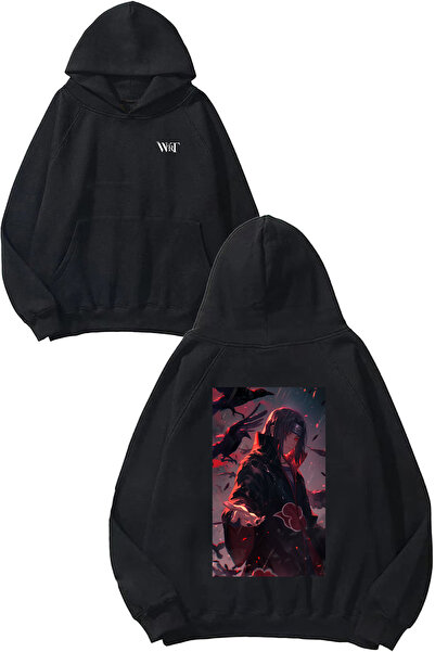 THEWERT سترة إيتاشي أوتشيها ناروتو ديزاين مطبوع باللون الأسود بغطاء رأس