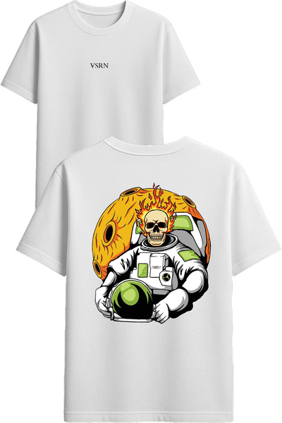 VSRN Tricou oversize alb cu imprimeu cu design schelet de astronaut