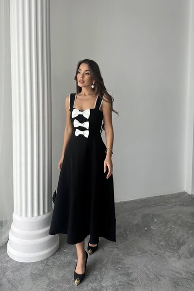 Lady Moss Rochie din dantelă cu decor negru cu fundă