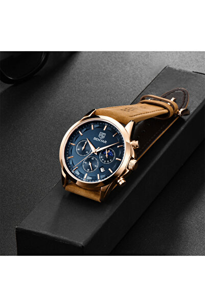 Benyar Ανδρικό Ρολόι Elegant Quartz Χρονογράφος Casual Καφέ/Χρυσό Δέρμα