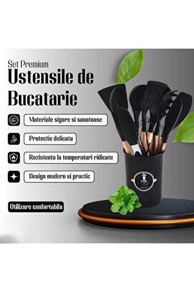 Full Abundance Premium 12-Piece Silicone Kitchen Utensil Set with Bamboo Handles - Black