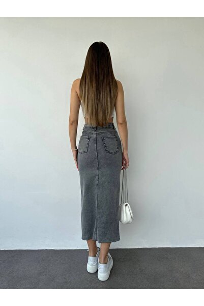 MADAME MELEK Zr Model Slit Detailed Buttoned Denim Skirt Smoked Midi Knee Length