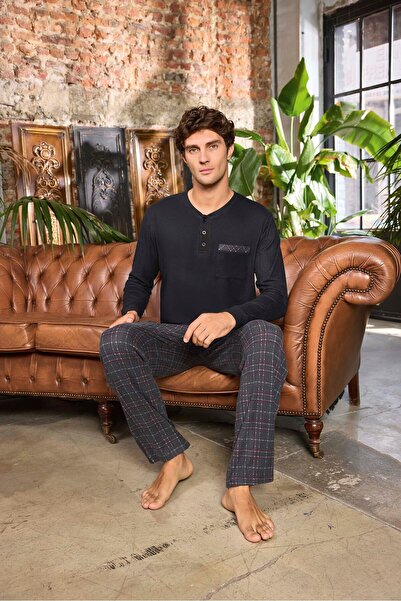 Aydoğan Lodos Store Men's Long Sleeve Plaid Thermal Pajama Set Plaid Pattern Black