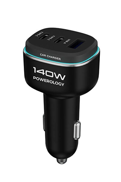 Powerology 140W 1*Usb-A 2*Usb-C Port Car Charger With C To C Cable - Black/Grey