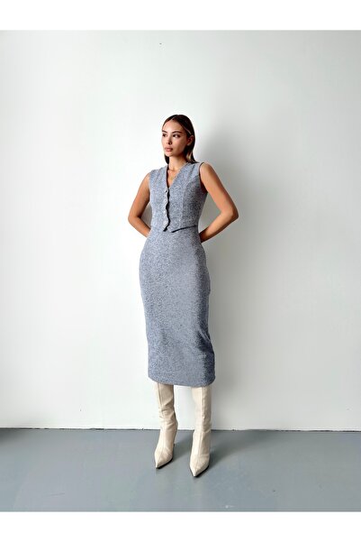 Somut istanbul Buttoned V-Neck Vest Detail Midi Dress