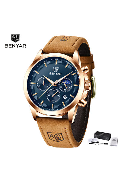 Benyar Ανδρικό Ρολόι Elegant Quartz Χρονογράφος Casual Καφέ/Χρυσό Δέρμα