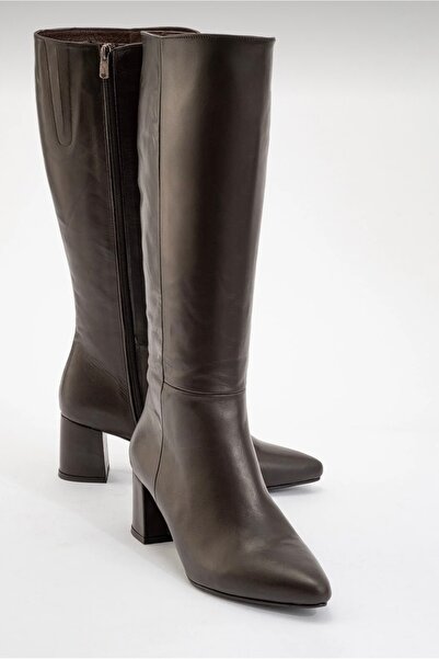 Yılmaz Exclusive Brown Genuine Leather Women's Pointed Toe Heeled Boots