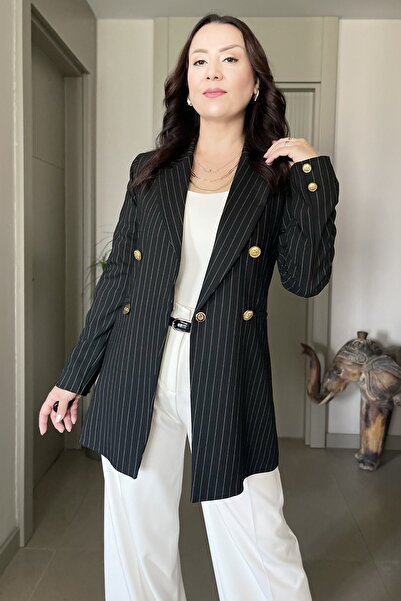 Butik Didem Sakinci Gold Düğme Detaylı Çizgili Blazer Ceket