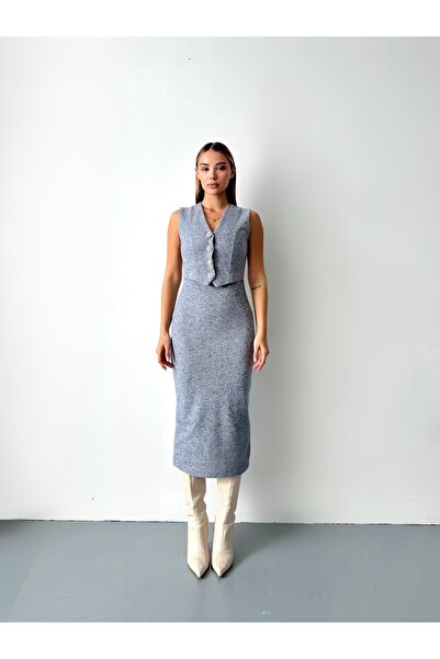 Somut istanbul Buttoned V-Neck Vest Detail Midi Dress