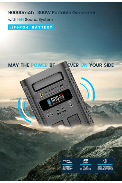 Powerology مولد طاقة محمول 90000 مللي أمبير/ساعة 300 واط Pd30W مع مكبر صوت بلوتوث 85 واط - أسود