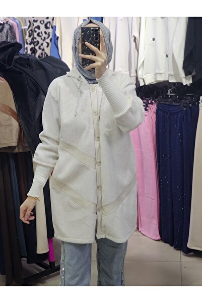 Rouge peluş görünümlü deri detaylı tesettür ceket