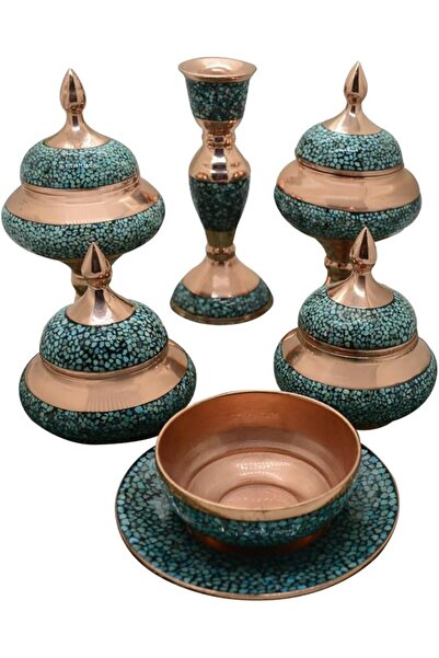 Margoun Set of 7Pcs Handmade Copperware Firouze Kubi Dishes Turquoise Inlaying-B0DYYRFQBC (7 Pcs)