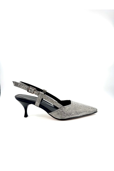 Desire Gray Shiny Patterned Open Back Heeled Shoes