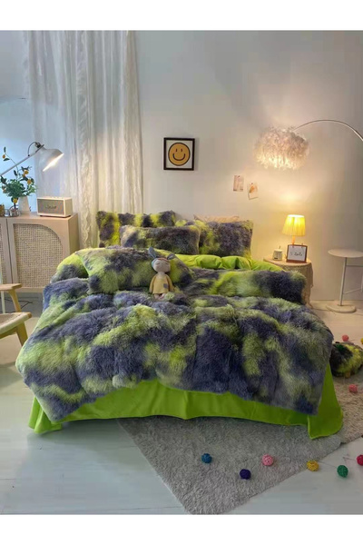 FIONNA.RO Lenjerie De Pat Pufoasa FLUFFY - Gri & Verde