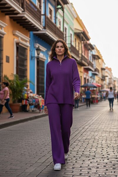 Intisimo Women's Knitwear Set, Two Pieces, High Collar, Zipper, Purple