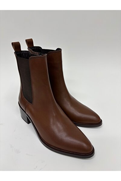 TİME Kahverengi Deri Kadın Topuklu Bot