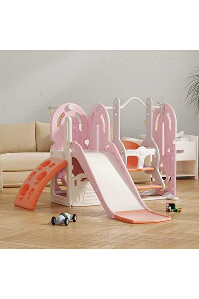 FULLJOY 4-in-1 Slide and Swing Set with Basketball Hoop and Climbing Rod for Kids, Indoor and Outdoor Playground Set for Toddlers