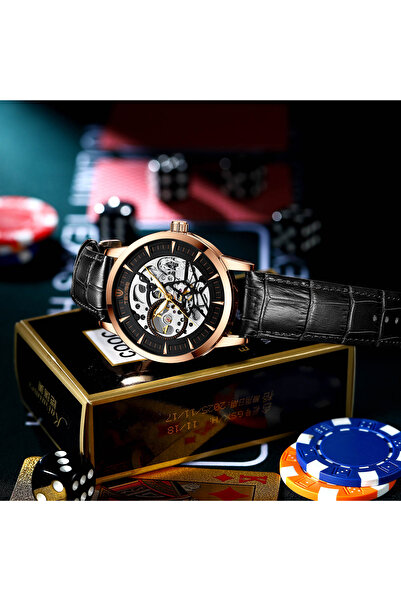 Tevise Men's Watch Automatic Analog Elegant Black Gold Leather