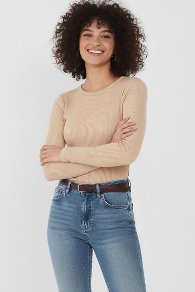 SWALORA Crew Neck Long Sleeve Ribbed Crop Blouse