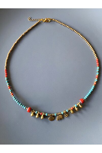 dela otantik Authentic Charm Women's Necklace with Turquoise and Coral Beads – Handmade Bohemian Multi-Colored Bijouterie Jewelry