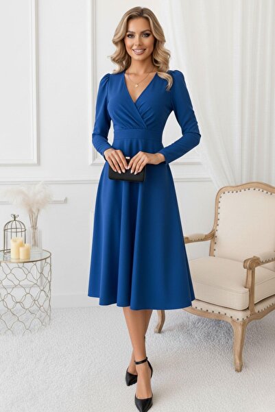 Mossta Cobalt Blue Long Sleeve Double-Breasted Neckline Below Knee Dress