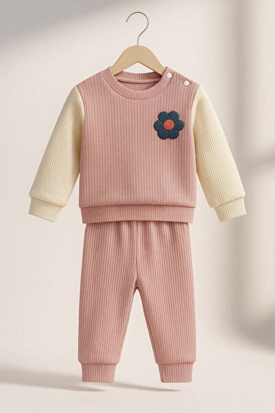 Selvira Girl's Flower Applique Detailed Corded Fabric Sets |   Pink Long Slee...