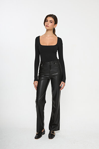 Tt Line Yüksek Bel Düz Paça Suni Deri Pantolon