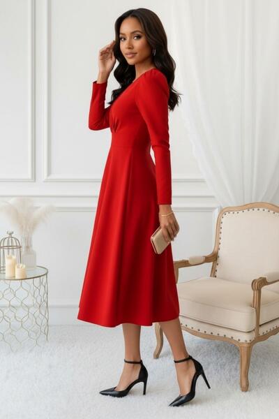 Mossta Red Double-Breasted Collar Long Sleeve Midi Dress