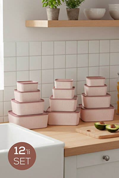 Vienev 12'li Çizgili Dikdörtgen Saklama Seti Pembe | 2.5L 1.5L 0.80L 0.45L | ...