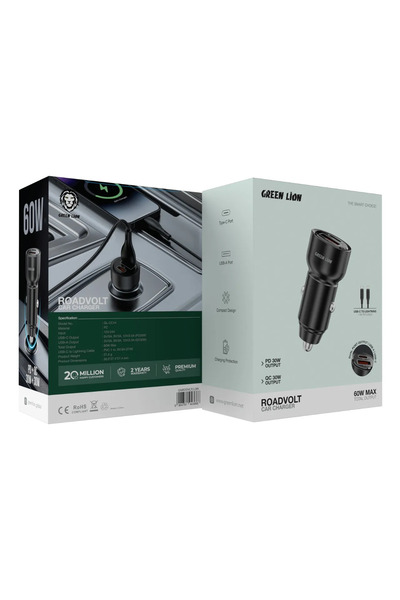Green Lion Roadvolt Car Charger Pd+Qc 60W C To L 1M Cable - Black