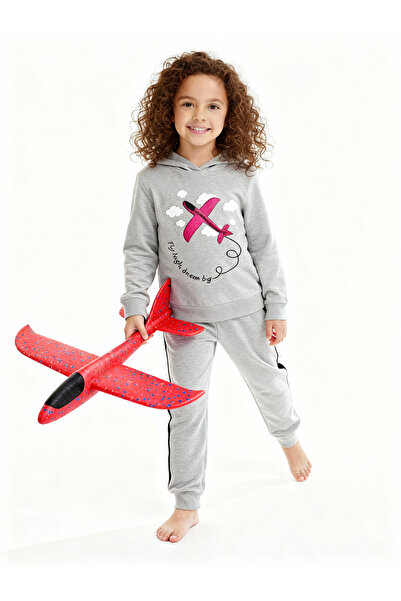 KanatGo Children's Unisex Airplane Printed Hooded Pajama Set + Foam Airplane Gift