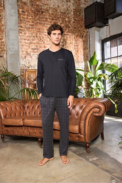 Aydoğan Lodos Store Men's Long Sleeve Plaid Thermal Pajama Set Plaid Pattern Black