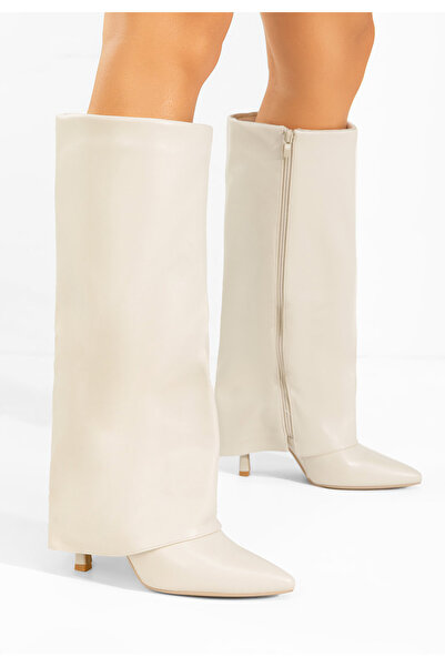 B T Shoes Brynora beige thin heel boots