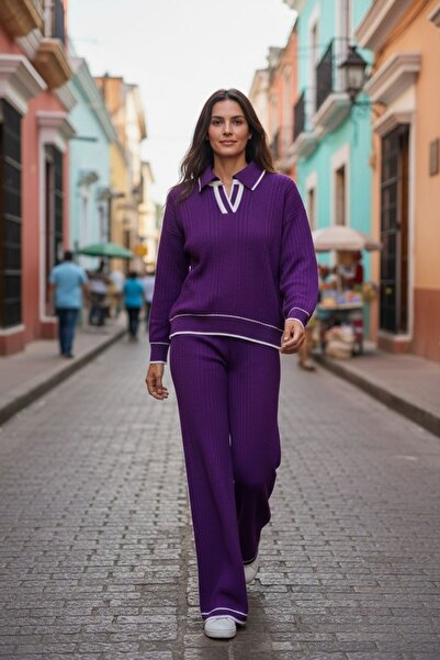 Intisimo Set tricotaje pentru femei, două piese, model cu decolteu în V, violet