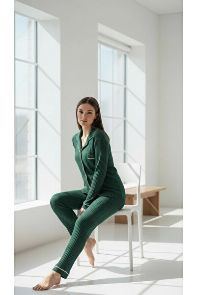 trendlina Ribbed Knit Buttoned Piped Pajama Sets