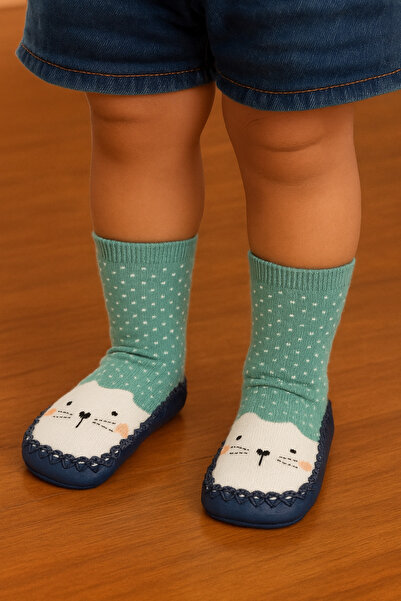 Katia&Bony Children's Moccasin Socks Booties Slippers – Non-Slip Home & Kindergarten Shoes Green