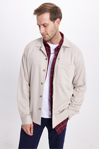 Tudors Men's Relax Fit Comfortable Cut Long Sleeve Plain Knitted Fabric Side Slit Beige Shirt