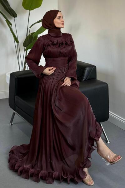 MERVEN AKYÜZ Maryam Altı Ve Göğüs Kısmı Fırfırlı Janjan Abiye Çikolata Kahve