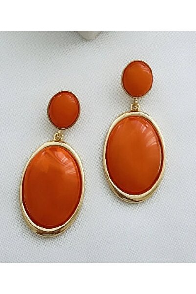 Lanuna Brand Model Gold Framed Orange Oval Stone Earrings