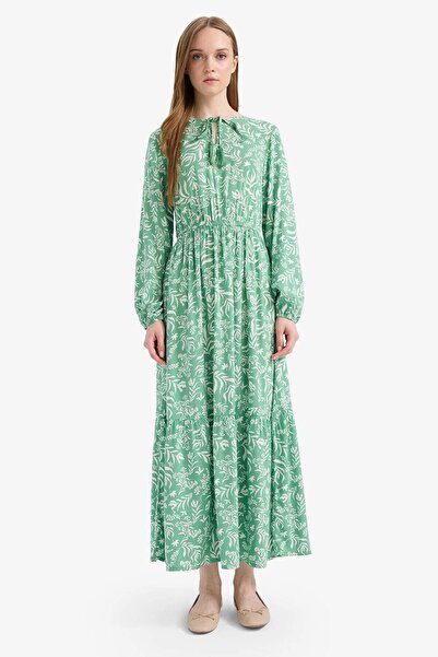 DeFacto Μακρυμάνικο μάξι φόρεμα με στάμπα με λαιμόκοψη D9636AX25SM