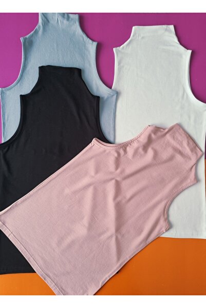 Demirsa Boutique Turtleneck, Zero Sleeve Modal Fabric Powder, Blue, Black and White Color 4-Piece Women's Undershirt