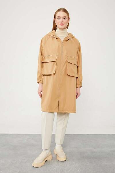 Levidor Camel Hooded Zipper Closure Trench Coat
