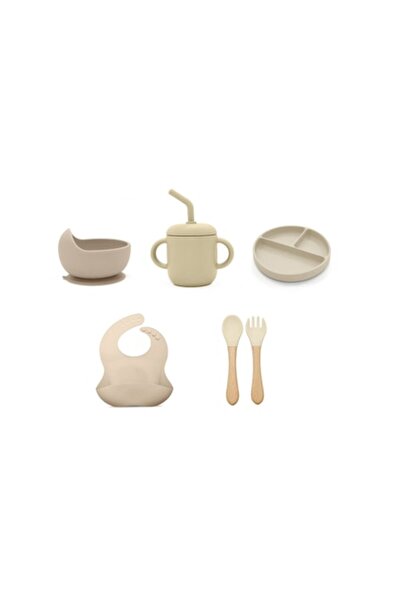 7LIFE Silicone Baby Weaning Set - Bib, Suction Plate, Bowl, Cutlery, Cup (Cream)