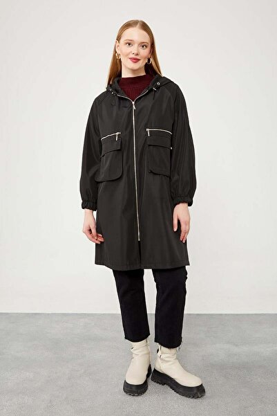 Levidor Black Hooded Zipper Closure Trench Coat