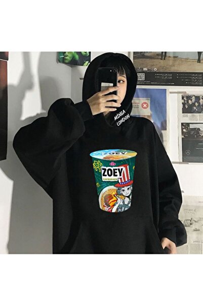 Minga London Унисекс стил Huntrx Zoey Ramen Цветна блуза с принт в черно, с г...